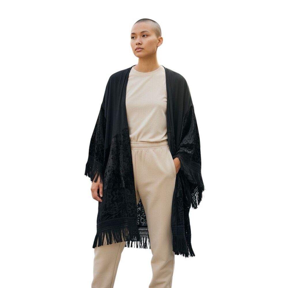 Black Velvet Burnout Fringe Witchy Goth Kimono Cardigan Jacket Boho S